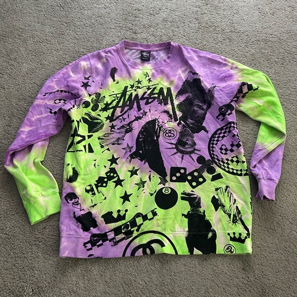 Stussy Pullover Sweatshirt L Black Tie Dye Magic 8 Ball Crewneck - Picture 1 of 14